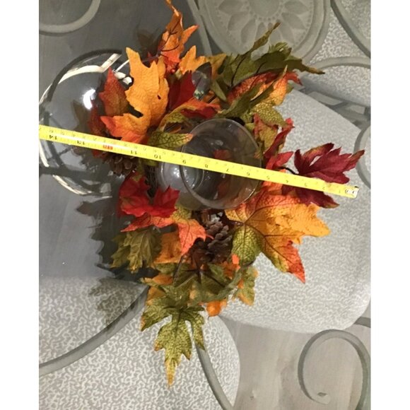 THANKSGIVING MAPLE LEAF ARRANGEMENT WITH CENTER GLASS VASE CANDLE HOLDER - Picture 8 of 9